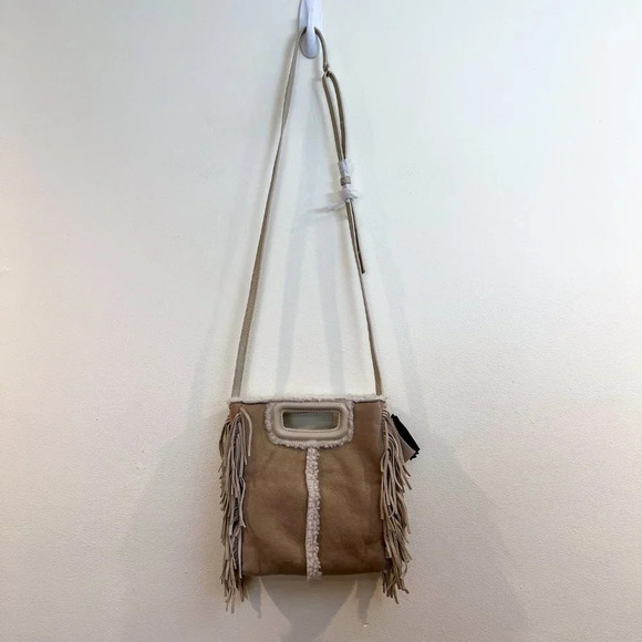 Maje Cream Sherpa Fringe Leather Suede Adjustable Designer Crossbody Bag NWT - Picture 9 of 10
